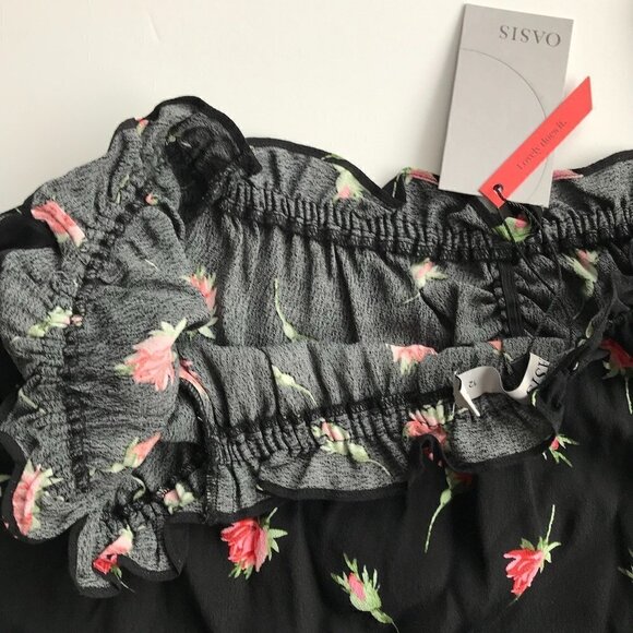 OASIS NWT Rose/Black Print short sleeve elastic ruffled neck viscose breathes 12 - Picture 14 of 16